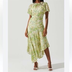 ASTR Chiffon Floral Asymmetric Flutter Short Sleeve Midi Dress Green Large